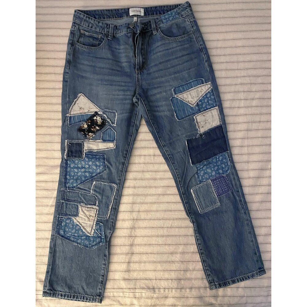 Driftwood Patchwork Ankle Jeans, Size 27, but Waist =31 in.